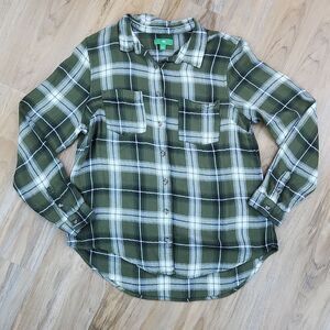💛Dip Olive Green & Cream Plaid Buttoned Soft Flannel Top Large